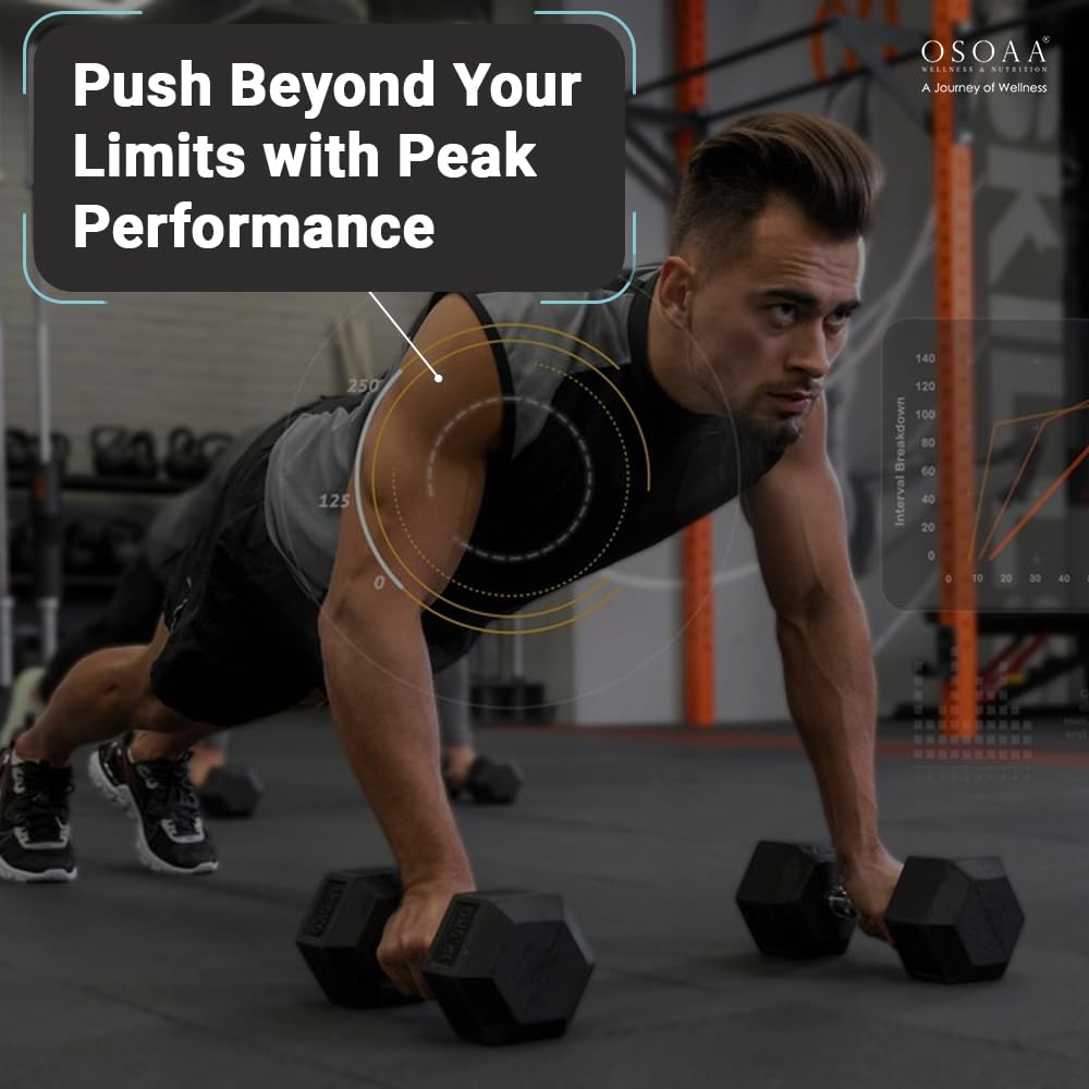 Person doing push-ups with dumbbells in a gym setting, with text about pushing beyond limits and peak performance.
