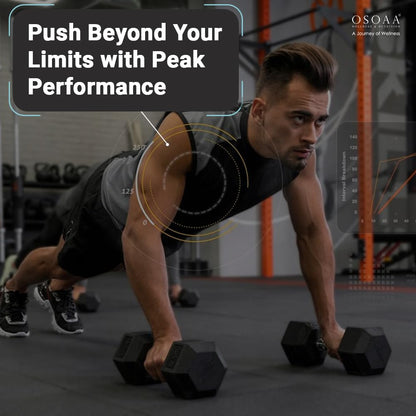 Person doing push-ups with dumbbells in a gym setting, with text about pushing beyond limits and peak performance.