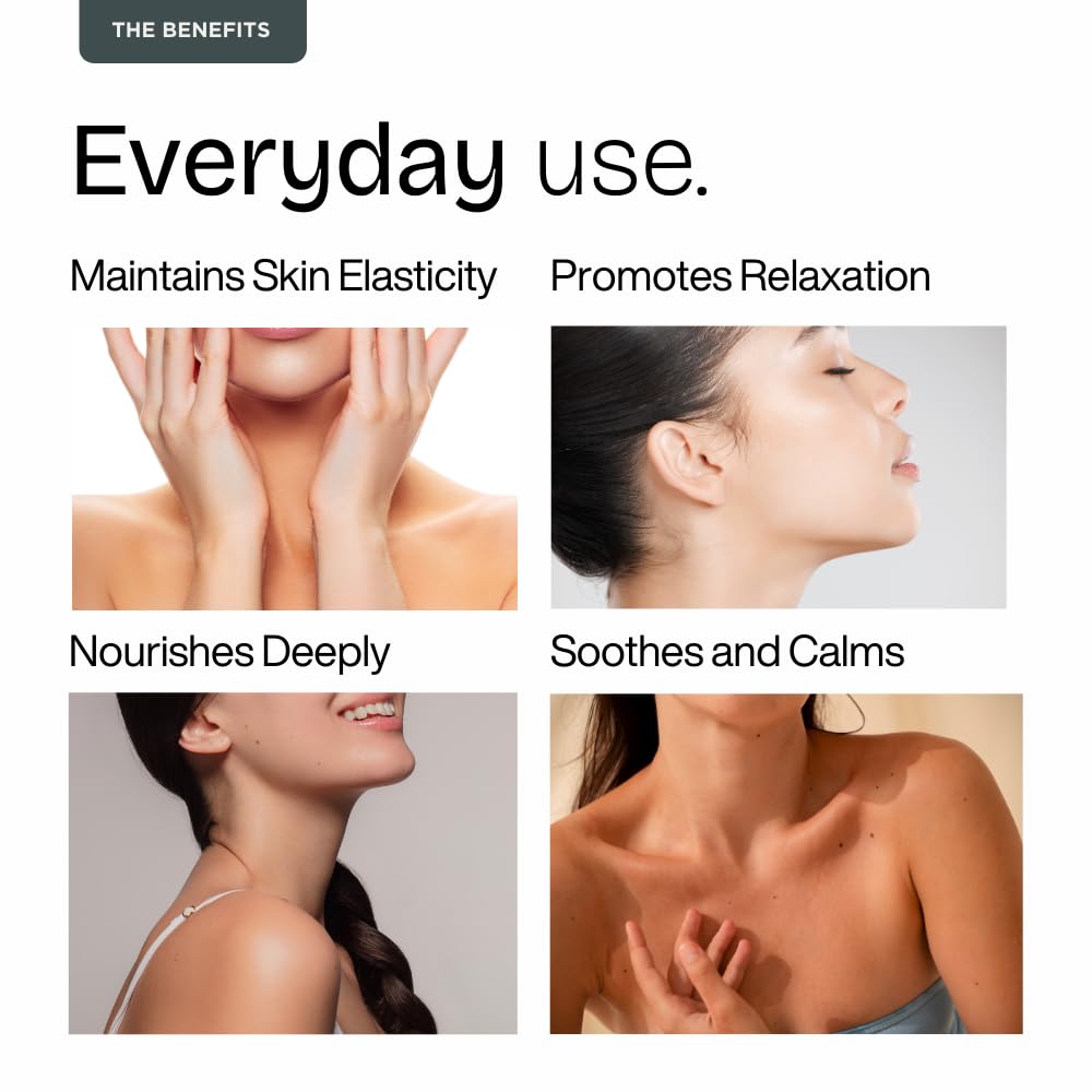 Benefits of a skincare product including maintaining skin elasticity, promoting relaxation, nourishing deeply, and soothing and calming.