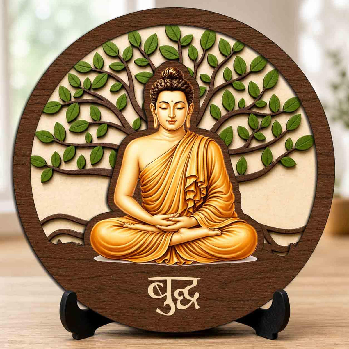 Plan To Gift Buddha Round Wooden Devotional Idol with Stand for Puja Room, Home Decor & Religious Gift - 5x5 Inch