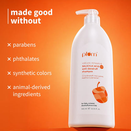 Plum Anti-Dandruff Shampoo With Volcanic Minerals & 0.5% Salicylic Acid | 72-Hr Dandruff & Frizz Control|Maintains Healthy Scalp Barrier | Gently Exfoliates & Clarifies | Prevents Rough,Dry Hair 500ml