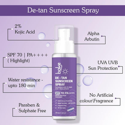 BAKE Spf 70 Sunscreen Spray Pa++++|Waterproof - 180 Minutes|With 2% Kojic Acid & Alpha Arbutin,Sweat Resistant|For Tan Removal,Pigmentation & Uva/B Sun Protection|No Whitecast,Lightweight - 100Ml,All