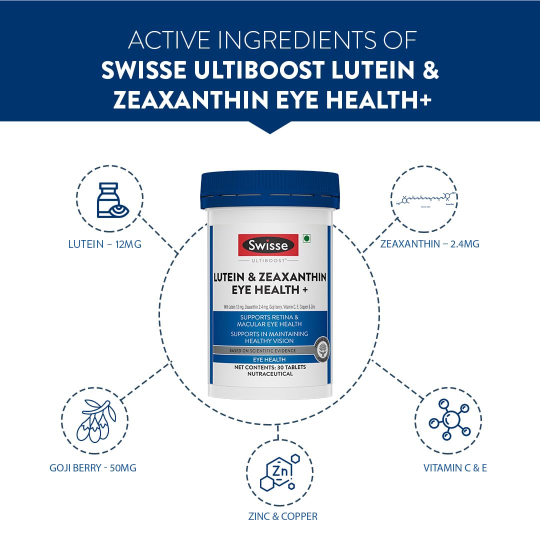 Zephivo Swisse Eye Health+ with Lutein & Zeaxanthin for Healthy Vision Support, Reduces Digital Strain & Fatigue From High Screen Time - 30 Tablets