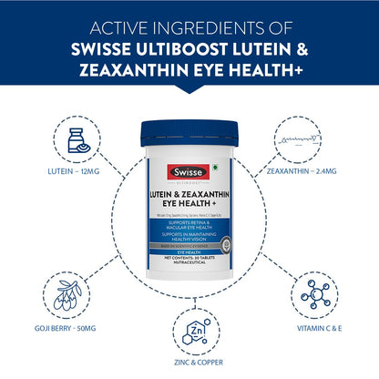 Zephivo Swisse Eye Health+ with Lutein & Zeaxanthin for Healthy Vision Support, Reduces Digital Strain & Fatigue From High Screen Time - 30 Tablets