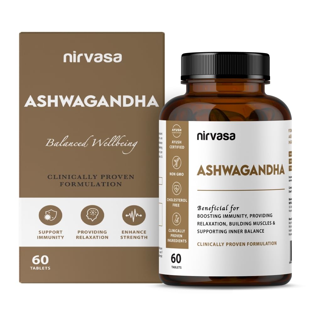 Nirvasa Ashwagandha Tablets (500mg, 60 Tabs) | Natural Ashwagandha Extract | Reduces Stress & Anxiety | Boosts Immunity, Energy & Sleep Quality | Supports Muscle Strength & General Wellness