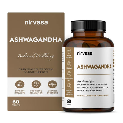 Nirvasa Ashwagandha Tablets (500mg, 60 Tabs) | Natural Ashwagandha Extract | Reduces Stress & Anxiety | Boosts Immunity, Energy & Sleep Quality | Supports Muscle Strength & General Wellness