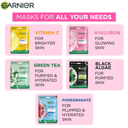 Garnier facial masks with various benefits on a pink background