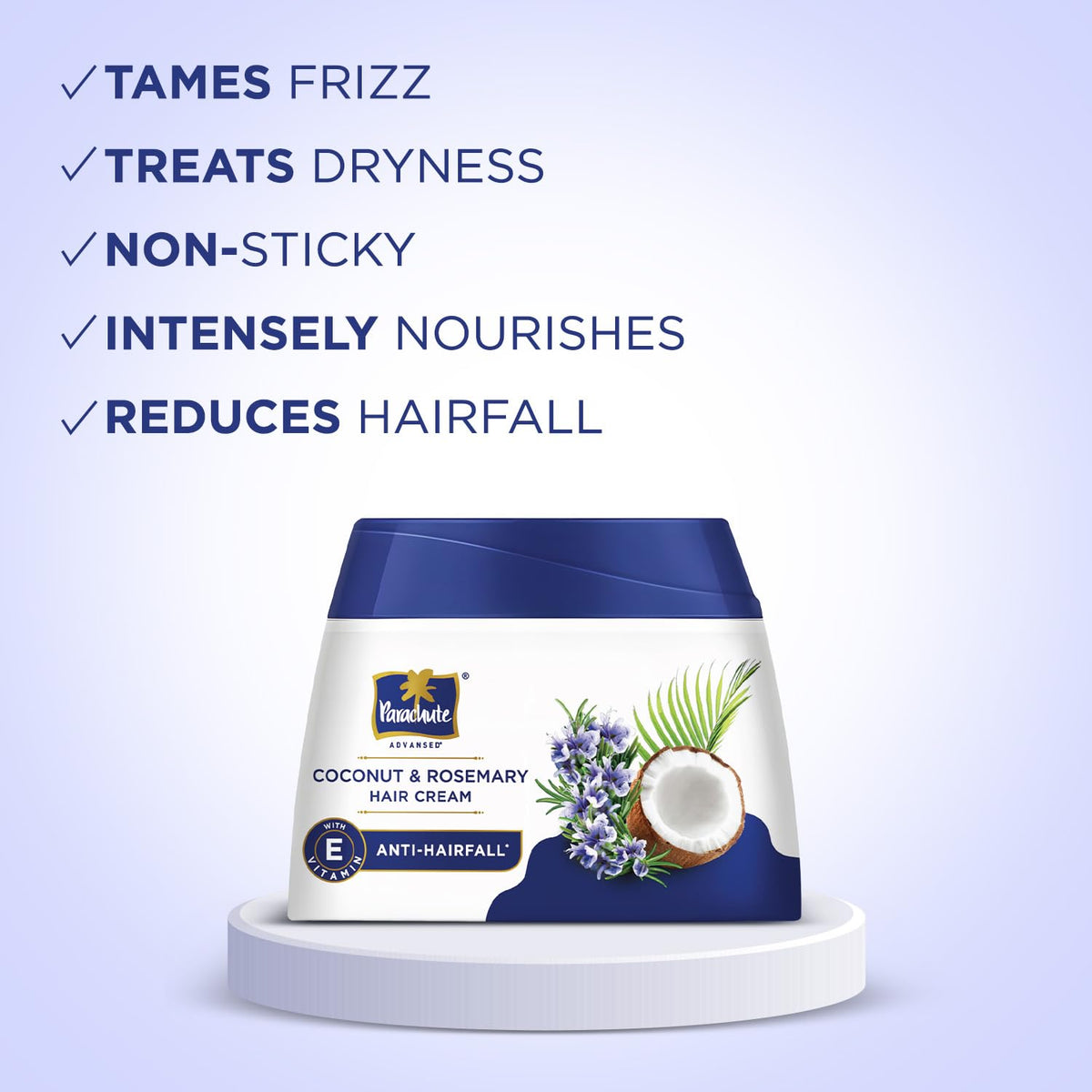 Coconut and rosemary hair cream container with product features on a light purple background
