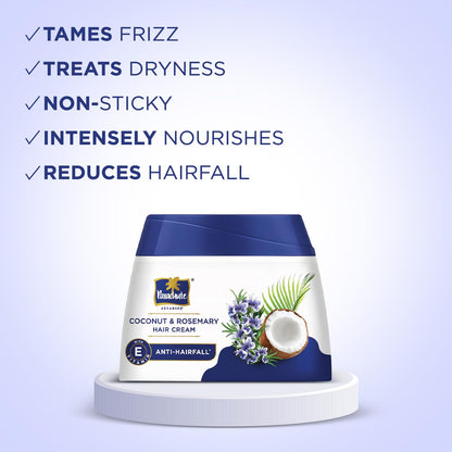 Coconut and rosemary hair cream container with product features on a light purple background