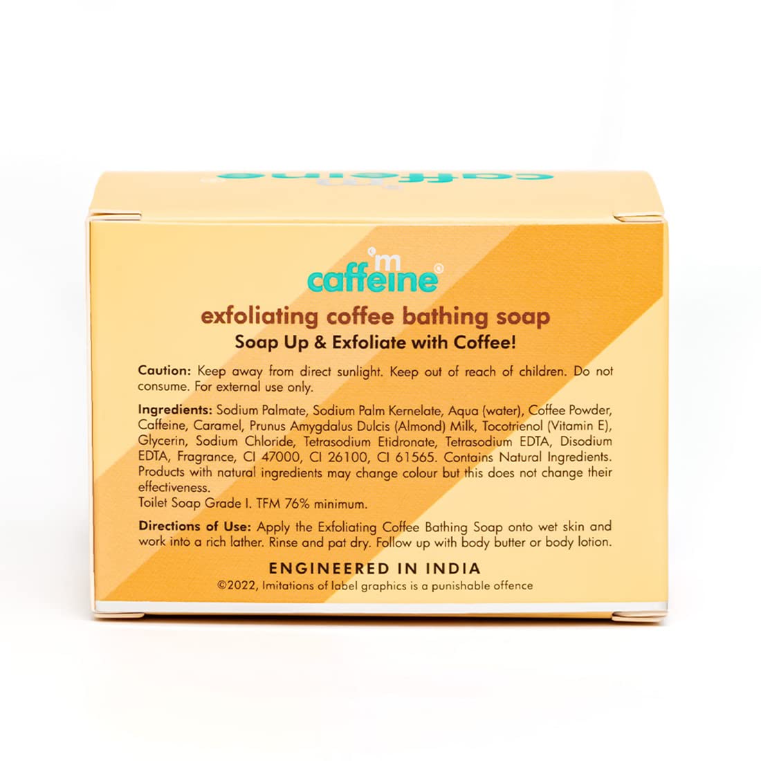 Box of caffeine exfoliating coffee bathing soap with text on a white background