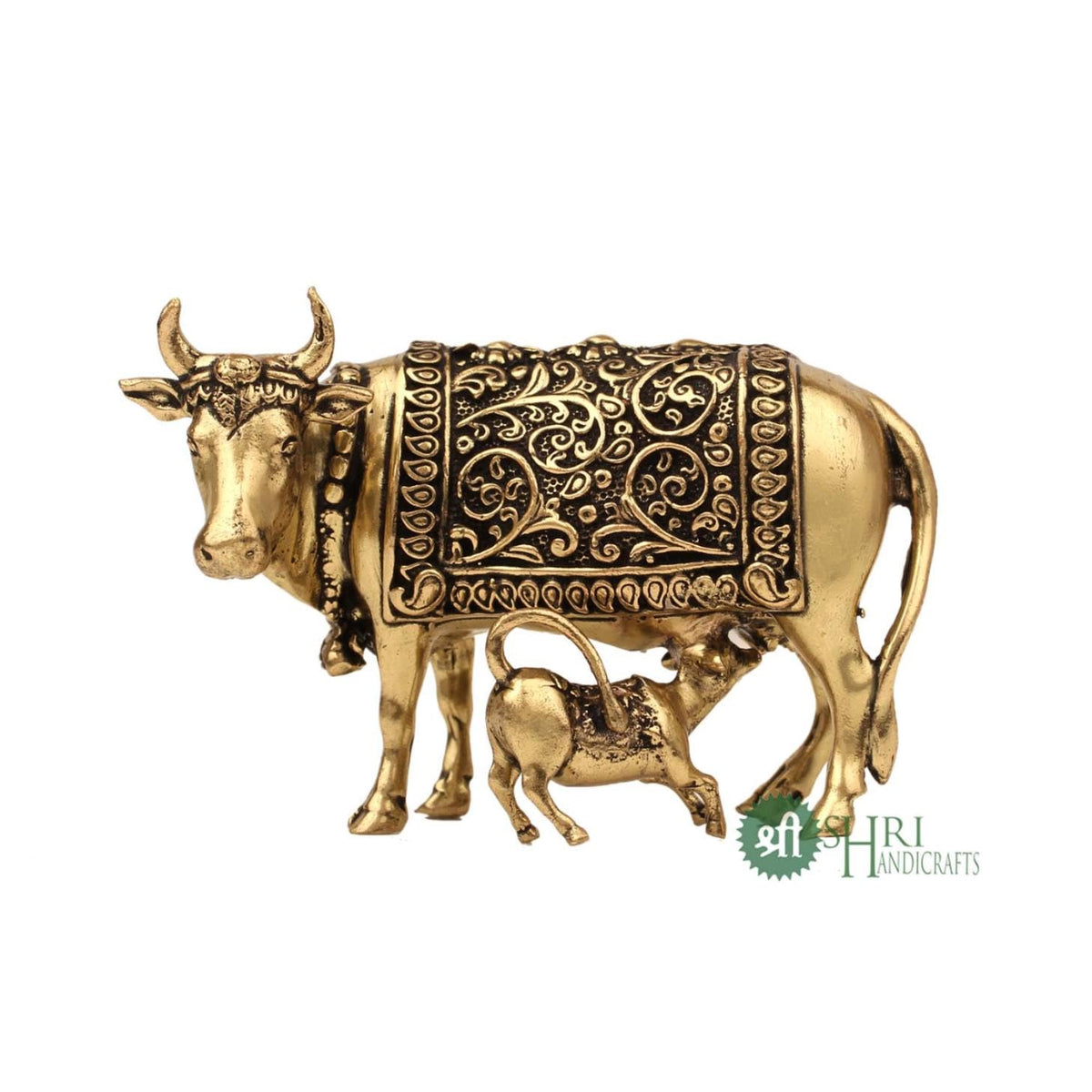 Handcrafted Brass Cow with Calf for Good Luck | 2" Kamdhenu Gau MATA Idol Spiritual Vastu Nandi Pooja Figurine Sculpture for Home and Office (Weight- 70gm)