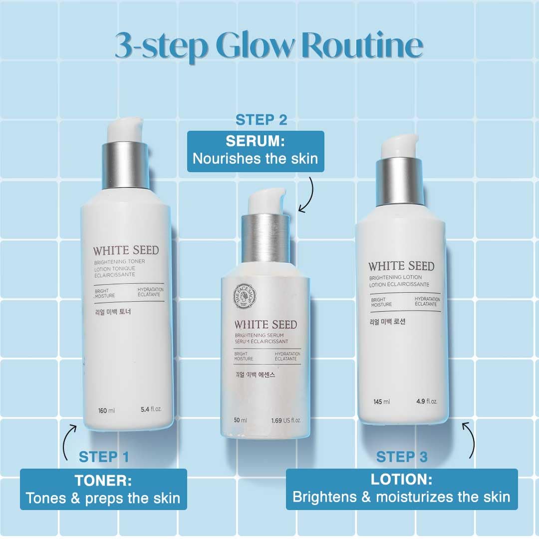 Three skincare bottles with a 3-step glow routine on a blue tiled background