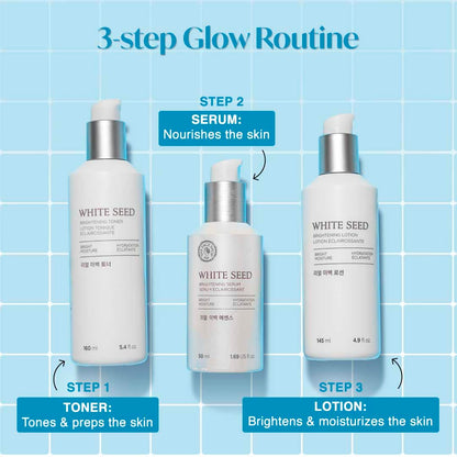 Three skincare bottles with a 3-step glow routine on a blue tiled background