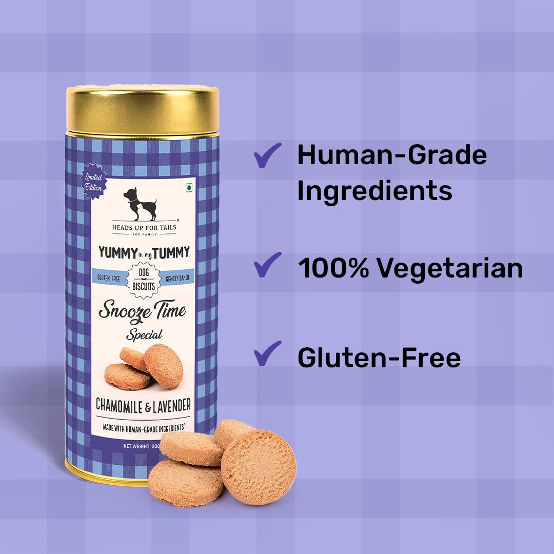 Yummy in My Tummy by HUFT Snooze Time Chamomile & Lavender Dog Biscuits – 200 gm | Calming Gluten-Free Vegetarian Treats for Puppies & Adult Dogs | Crunchy & Healthy Snack for All Breeds Dogs