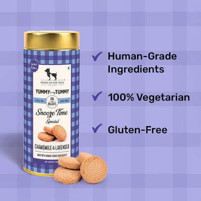 Yummy in My Tummy by HUFT Snooze Time Chamomile & Lavender Dog Biscuits – 200 gm | Calming Gluten-Free Vegetarian Treats for Puppies & Adult Dogs | Crunchy & Healthy Snack for All Breeds Dogs