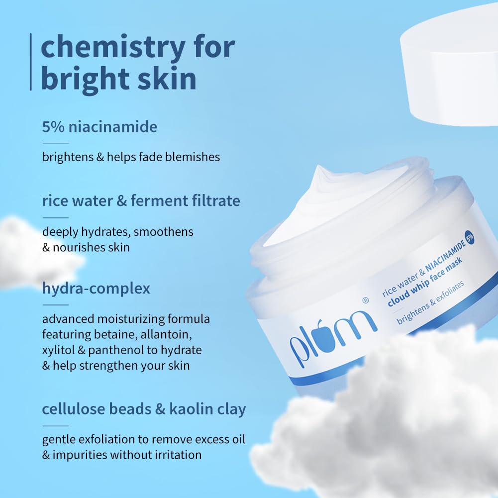 Plum 5% Niacinamide & Kaolin Clay Cloud Whip Face Mask with Rice water 50g | Removes excess oil, Brightens skin,Deeply hydrates