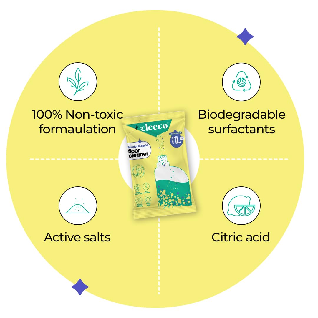Cleevo Floor Cleaner Liquid (2L Refill Pack) | 1 Pouch = 1L Floor Cleaners for Mops | Chlorine-Free Surface Cleaner, All-Purpose Floor Cleaning Liquid (Zesty Lemon)