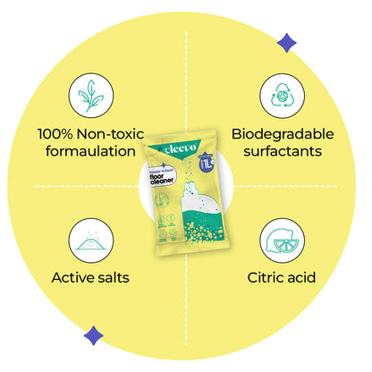 Cleevo Floor Cleaner Liquid (2L Refill Pack) | 1 Pouch = 1L Floor Cleaners for Mops | Chlorine-Free Surface Cleaner, All-Purpose Floor Cleaning Liquid (Zesty Lemon)