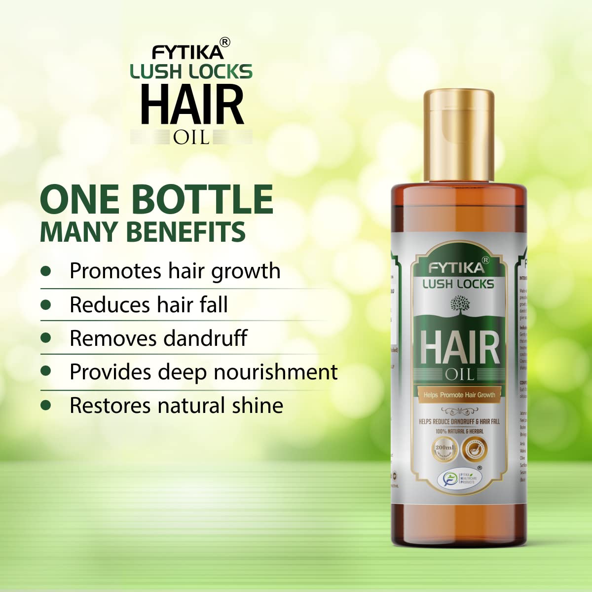 Fytika Lush Locks hair oil bottle with benefits listed on a green blurred background