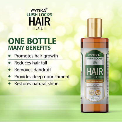 Fytika Lush Locks hair oil bottle with benefits listed on a green blurred background