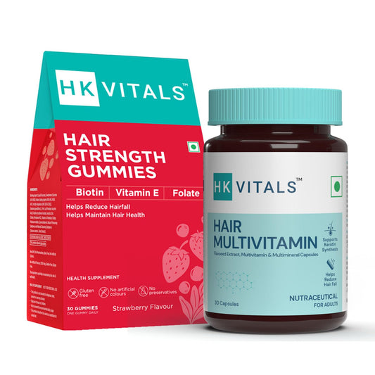 HealthKart HK Vitals Hair Multivitamin with DHT Blockers (30 Capsules) & Biotin Hair Gummies (Strawberry, 30 Gummies) Combo Pack
