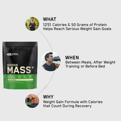 Optimum Nutrition (ON) Serious Mass High Protein High Calorie Weight Gainer Powder - 1 kg with Vitamins and Minerals, Vegetarian