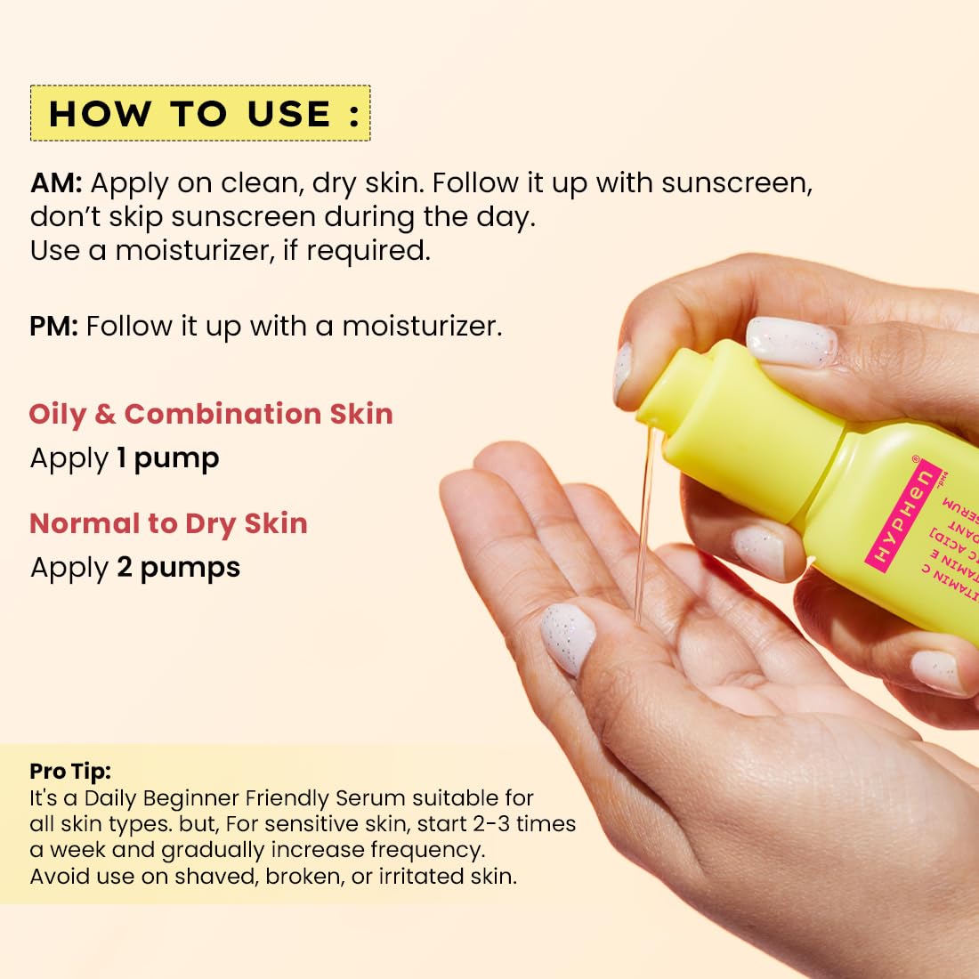 Hand holding a yellow serum bottle with usage instructions on a beige background