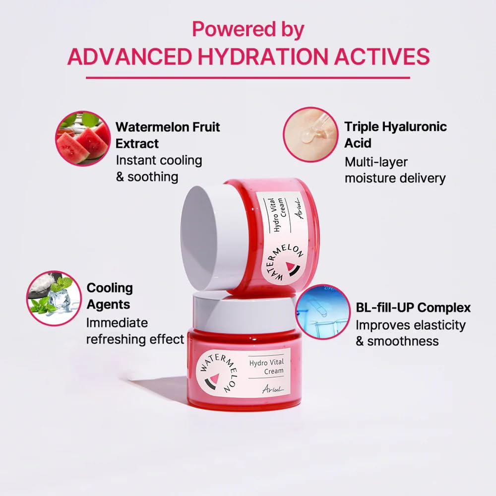 Ariul Watermelon Hydro Vital Cream (55ml) Korean Hydrating Gel Moisturizer with Watermelon Extract, Hyaluronic Acid & Niacinamide, Cooling Lightweight Face Gel Cream for Dry Dull Skin, Natural Glow Boosting Daily Moisturizer