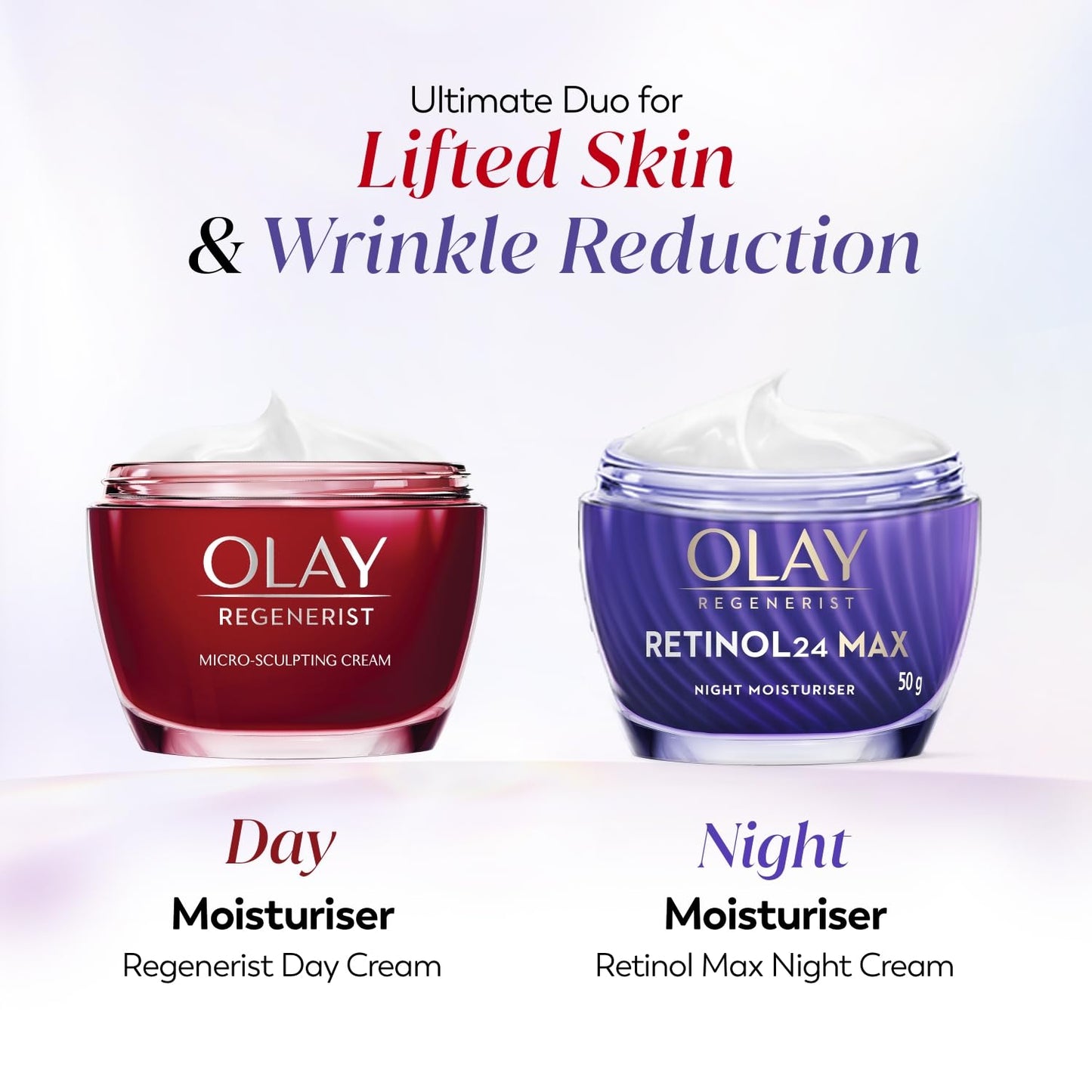 Two Olay moisturizer jars, one red and one purple, on a light purple background with text about lifted skin and wrinkle reduction.