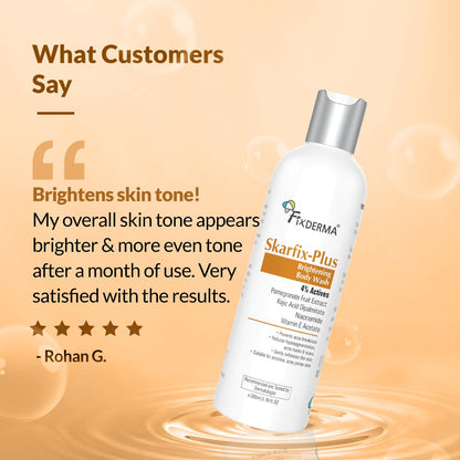 Fixderma Skarfix Plus Brightening Body Wash with 4% Actives (Kojic Acid, Niacinamide Acid, & Vitamin E) | Skin Brightening Body Wash Shower Gel Women & Men | For Hyperpigmentation & Acne Marks - 200ml