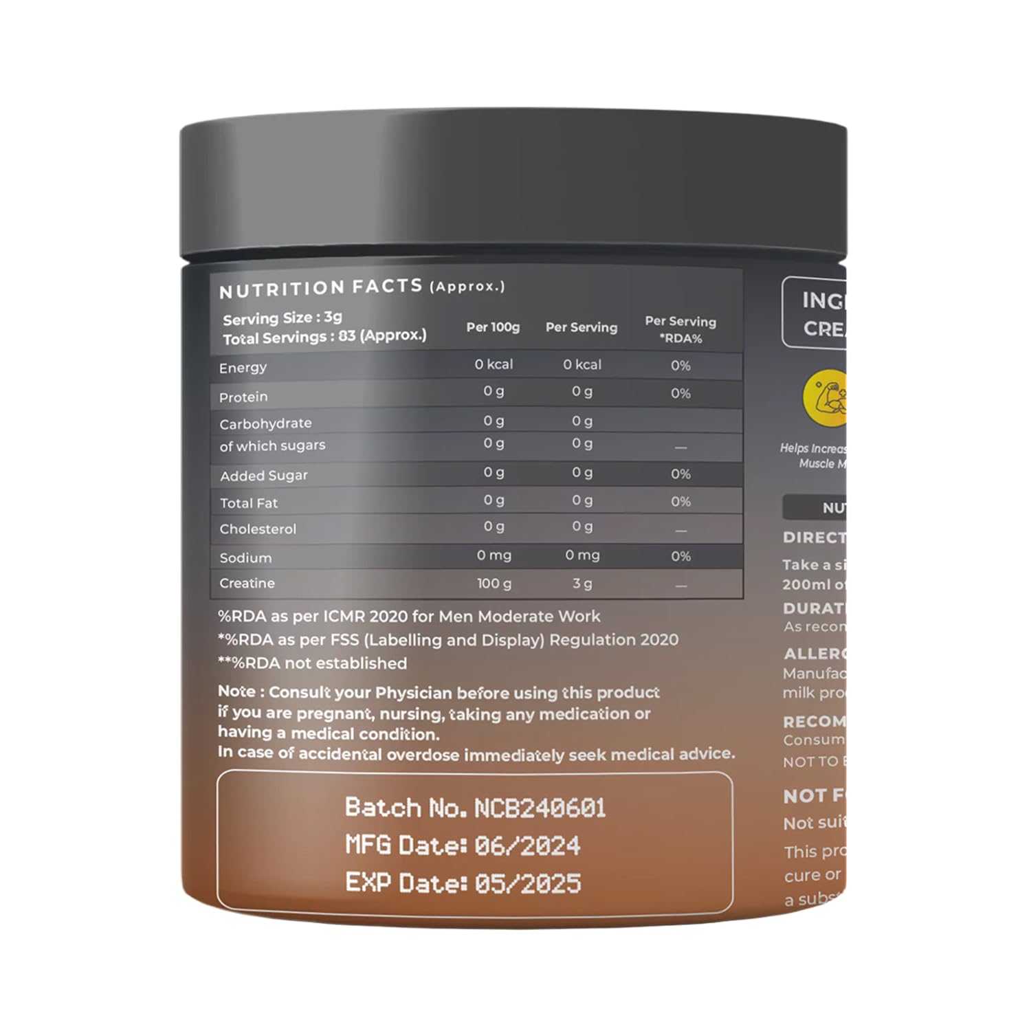 Nutrition facts label on a supplement container with details like serving size, calories, and ingredients.