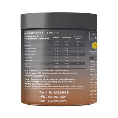 Nutrition facts label on a supplement container with details like serving size, calories, and ingredients.