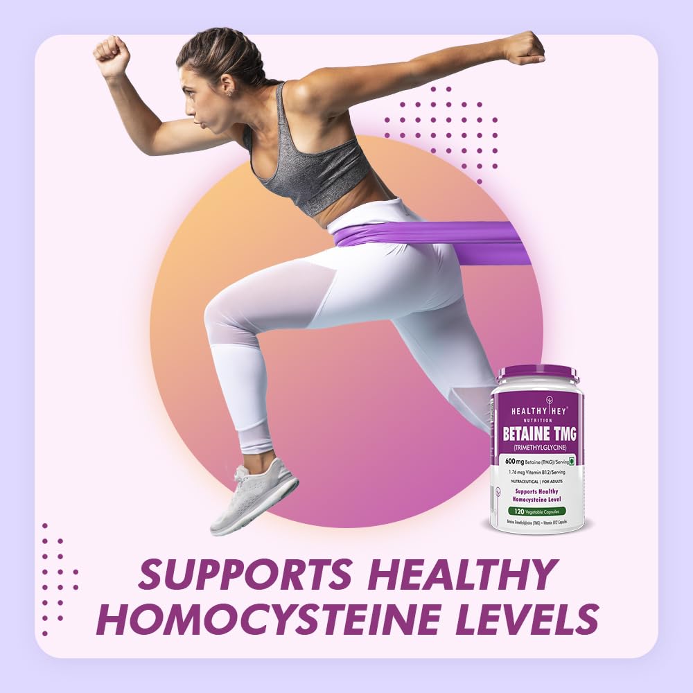 Woman exercising with a supplement bottle labeled 'BETAINE HMB' on a gradient background