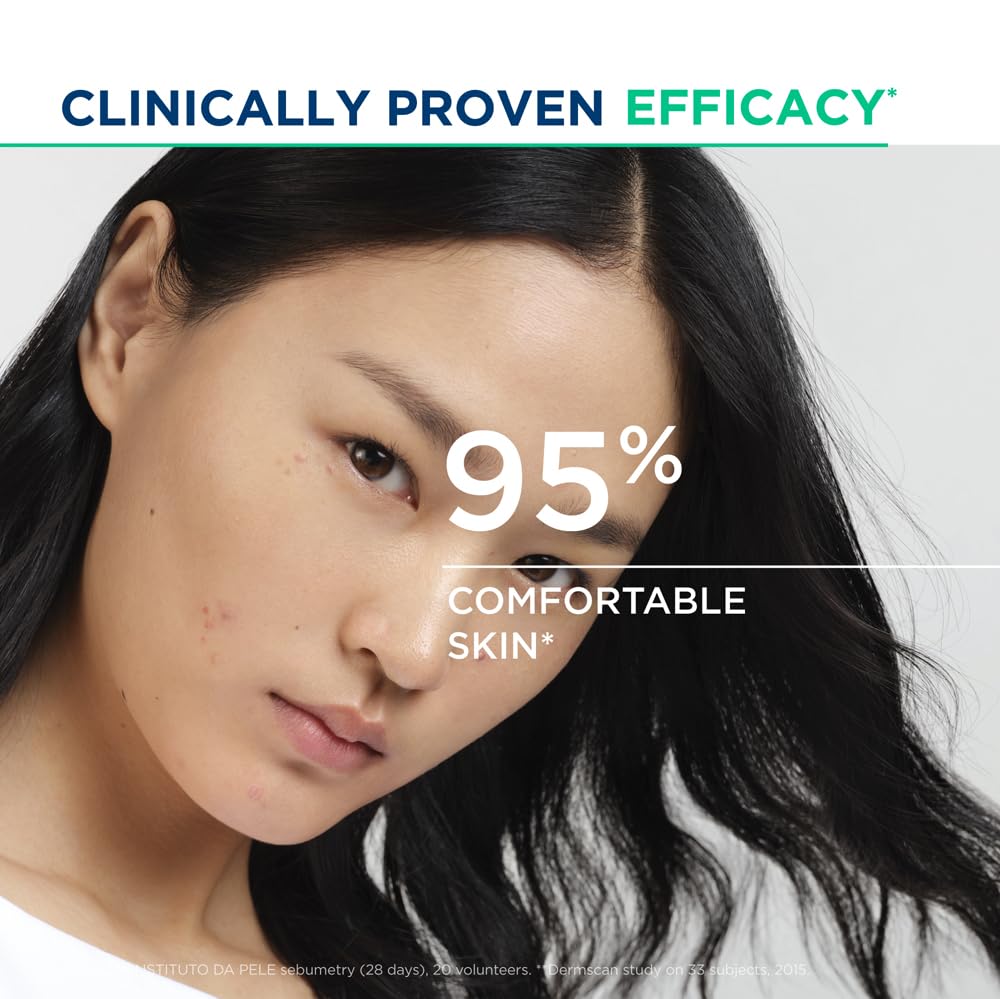 Woman with acne on face, text 'Clinically Proven Efficacy 95% Comfortable Skin' on a white background