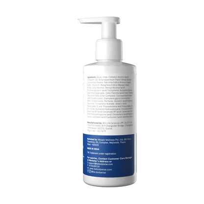 White bottle with pump and blue label on a white background