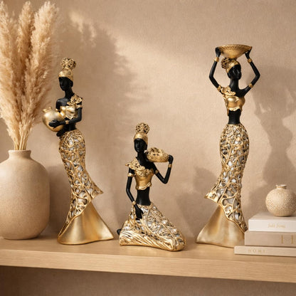 Vibrant Beautiful Finish Uniquely Hand Crafted Home Decor African Tribal Women Art Piece (African Lady Working Set of 3)