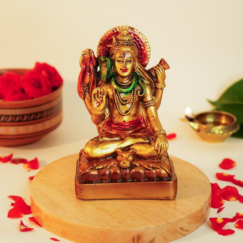 Aura Series Antique Gold Painted Lord Shiva Idol for Home (5 inch) | Marble Dust Lord Siva Statue for Pooja Room, Home Decor & Office | Resin Shiv Ji Murti | Sitting Bholenath Murti for Gift