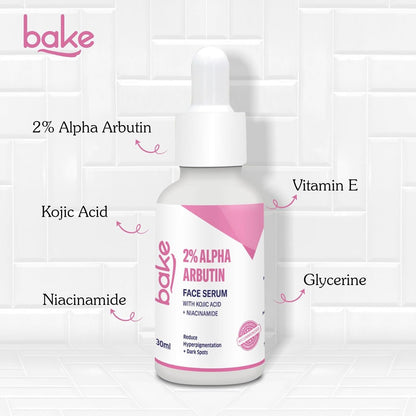 BAKE 2% Alpha Arbutin & Kojic Acid Face Serum Niacinamide for Dark Spots,Pigmentation & Tan Removal | Reduces Dark Spots, Controls Melanin Production & Evens Out Skin Tone | For Men & Women | 30ml