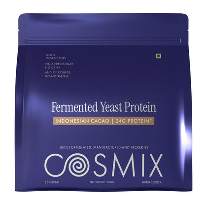 Cosmix Fermented Yeast Protein Powder | 24g Protein | Pure Single-Source Plant Protein | Made In-House | Smooth, Crazy tasty & Gut-Friendly | Indonesian Cacao, 500g Pouch