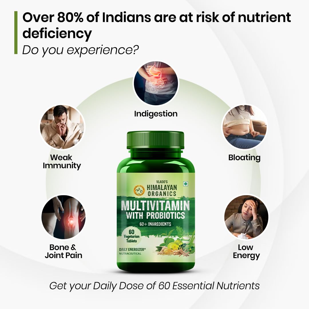 Vlado’s Himalayan Organics Multivitamin Tablets for Men & women With Probiotics - 60+ Ingredients multi Vitamins Supplement For Men And Women | VItamin B1,B2,B3,B5,B6B9,B12,C,E,A,K2,D Magneisum with 5B CFU Probiotic Blends 60 Veg Tablets