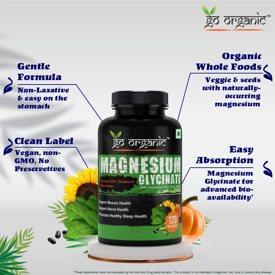 Go Organic Magnesium Glycinate Supplement Glycinate Chelate with Organic Vegetables to Support Sleep, Calm, Muscle Cramp & Stress Relief – Gluten Free, Non GMO - 120 Capsules