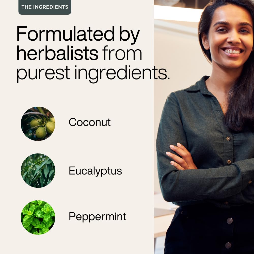 Woman with crossed arms next to a list of ingredients including coconut, eucalyptus, and peppermint.