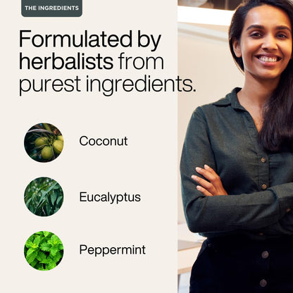 Woman with crossed arms next to a list of ingredients including coconut, eucalyptus, and peppermint.