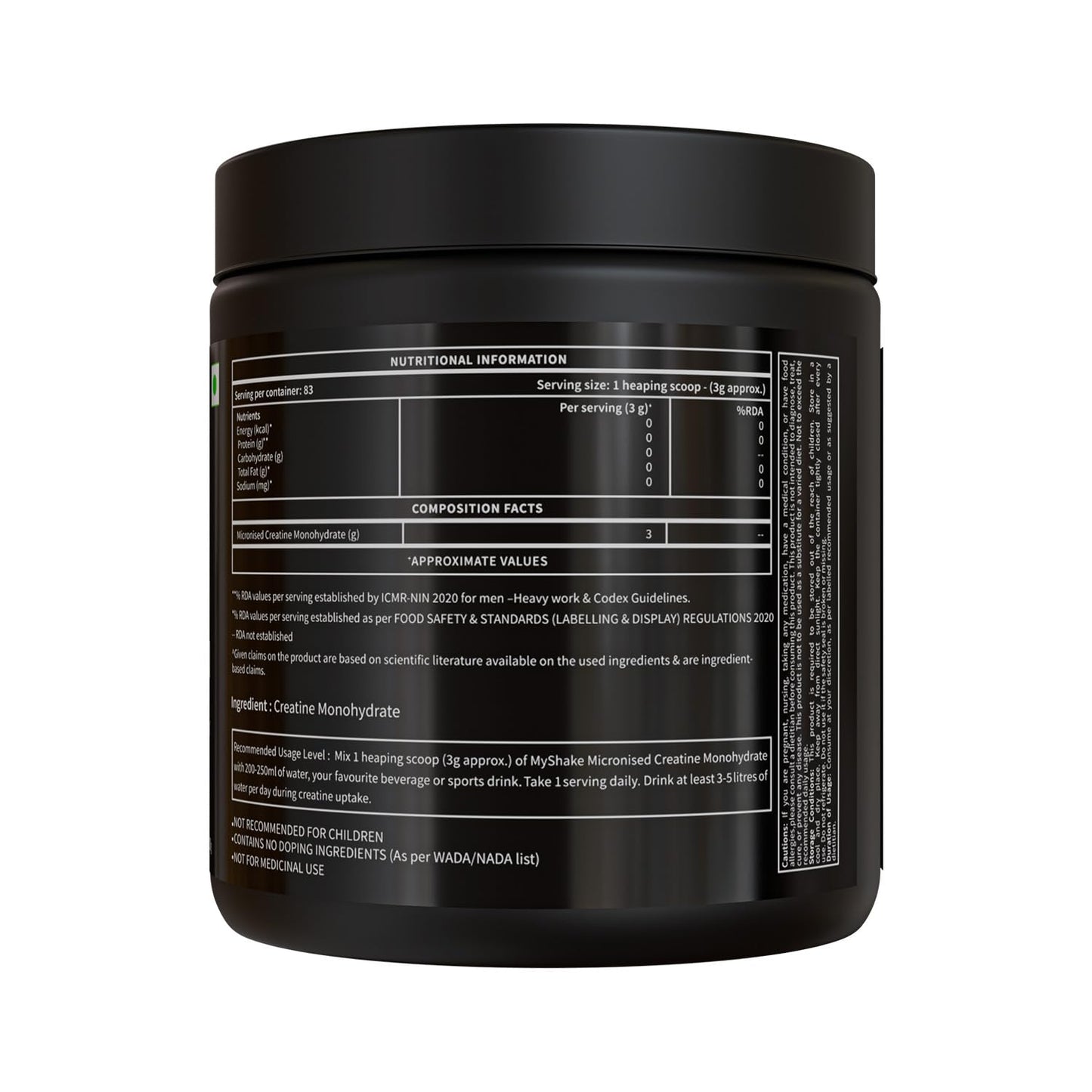 MyShake Micronised Creatine Powder - 250gm (83 Servings) | 3g Creatine Monohydrate Per Serve | Rapid Absorption, Boost Strength & Fuels Muscle | Supports Athletic Performance & Power