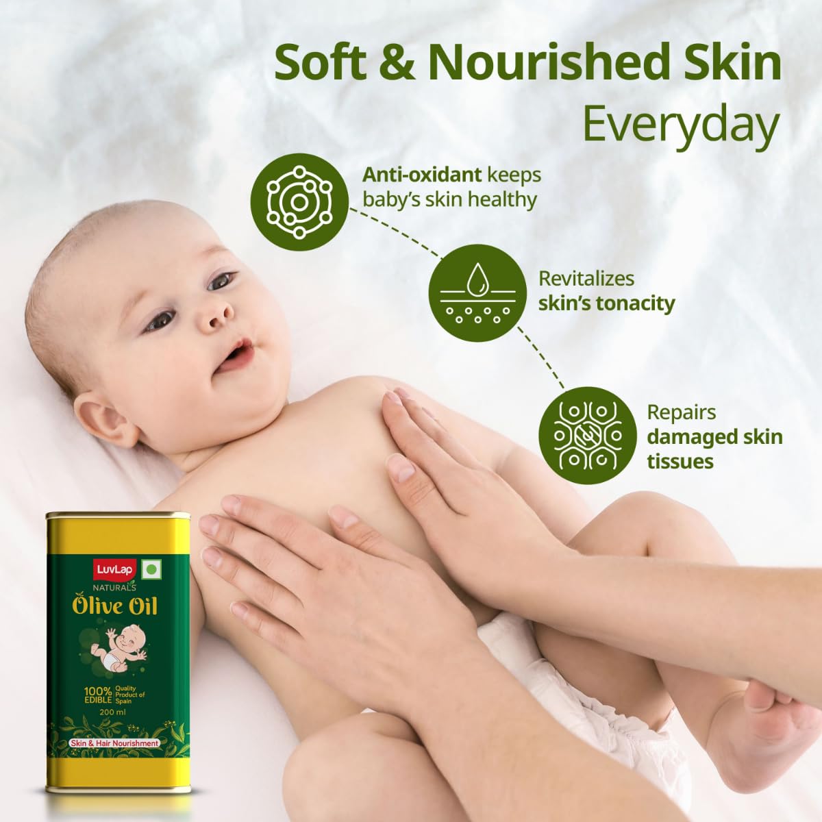 LuvLap Naturals Baby Body Massage Olive Oil, 100% Olive Oil for New Born, 200 ML, Spanish Premium, Enriched with Vitamin E, Enhances Bone & Muscle Strength