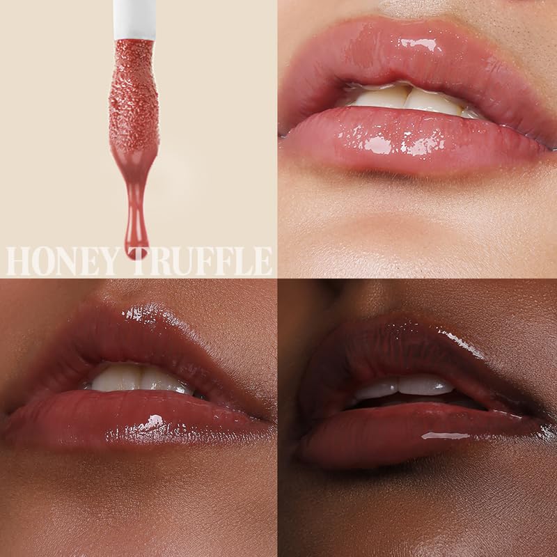 GLAZE BEAUTY Lip Oil Combo Pack of 5 - Honey Truffle, Pink Sorbet, Berrywood, Hibiscus Jam & 60% Dark | Peppermint | Hydrating | Non-Sticky | Glossy Finish | Lip Care