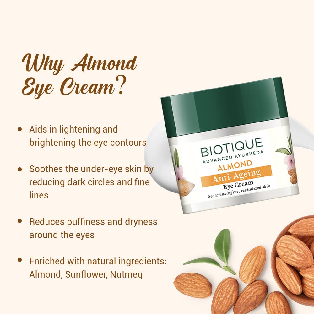 Biotique Almond Anti-Ageing Eye Cream| Ayurvedic and Organically Pure| Under Eye Cream for Dark Circles| Reduces Puffiness and Wrinkles |100% Botanical Extracts| Suitable for All Skin Types | 15gm