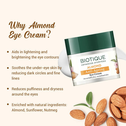 Biotique Almond Anti-Ageing Eye Cream| Ayurvedic and Organically Pure| Under Eye Cream for Dark Circles| Reduces Puffiness and Wrinkles |100% Botanical Extracts| Suitable for All Skin Types | 15gm