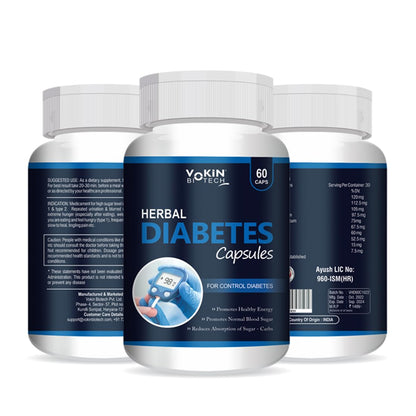 Three bottles of Yokin Biotech Herbal Diabetes Capsules on a white background