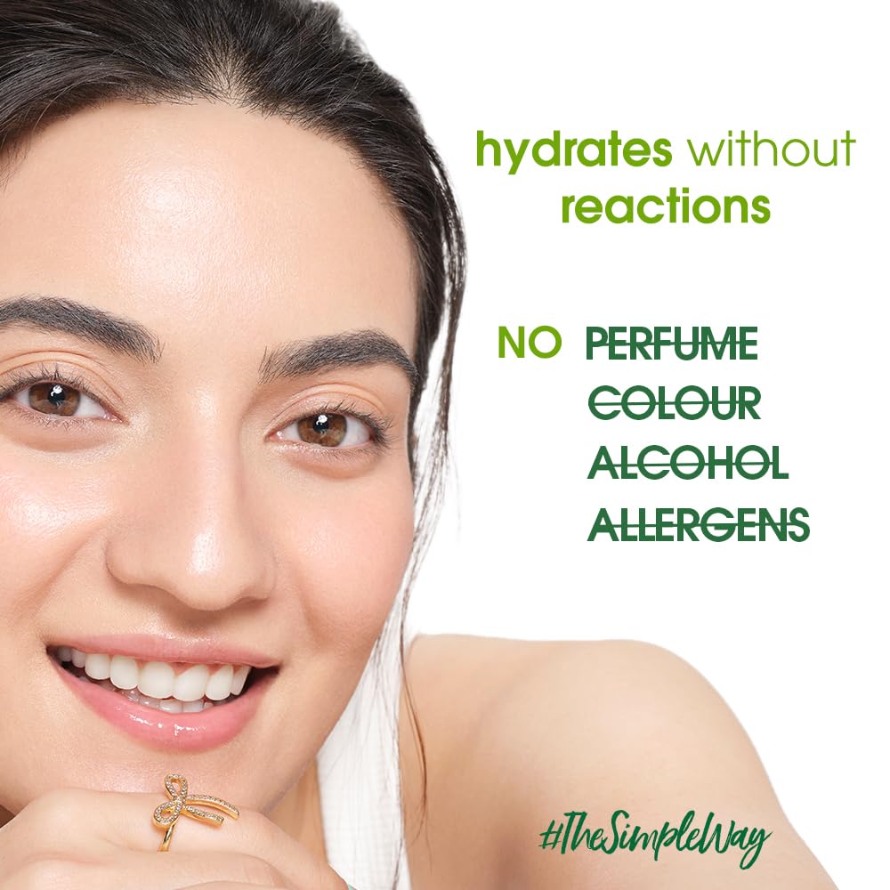 Woman with clear skin and text highlighting product benefits on a white background